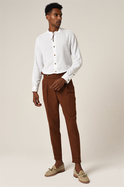 Men's Brown High Waist Buckle Belt Pleated Linen Trousers