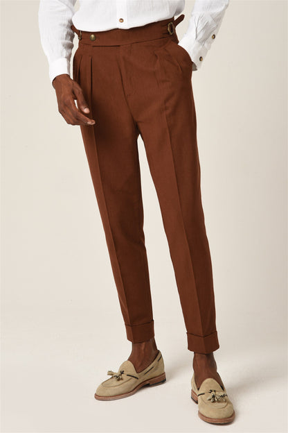 Men's Brown High Waist Buckle Belt Pleated Linen Trousers