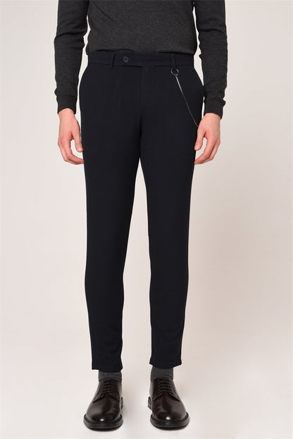 Men's Dark Navy Blue Slim Fit Straight Accessory Fabric Trousers