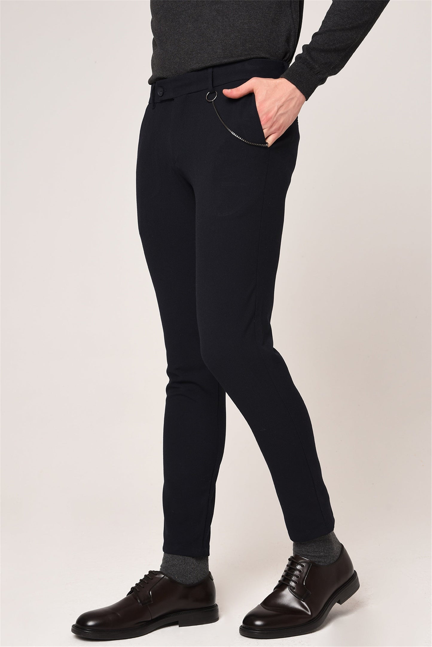 Men's Dark Navy Blue Slim Fit Straight Accessory Fabric Trousers