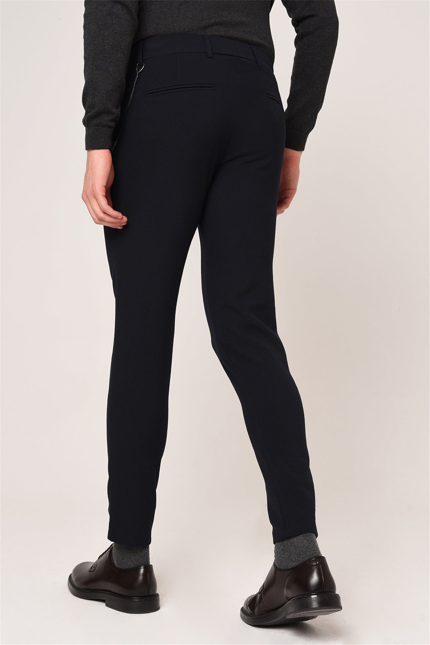 Men's Dark Navy Blue Slim Fit Straight Accessory Fabric Trousers