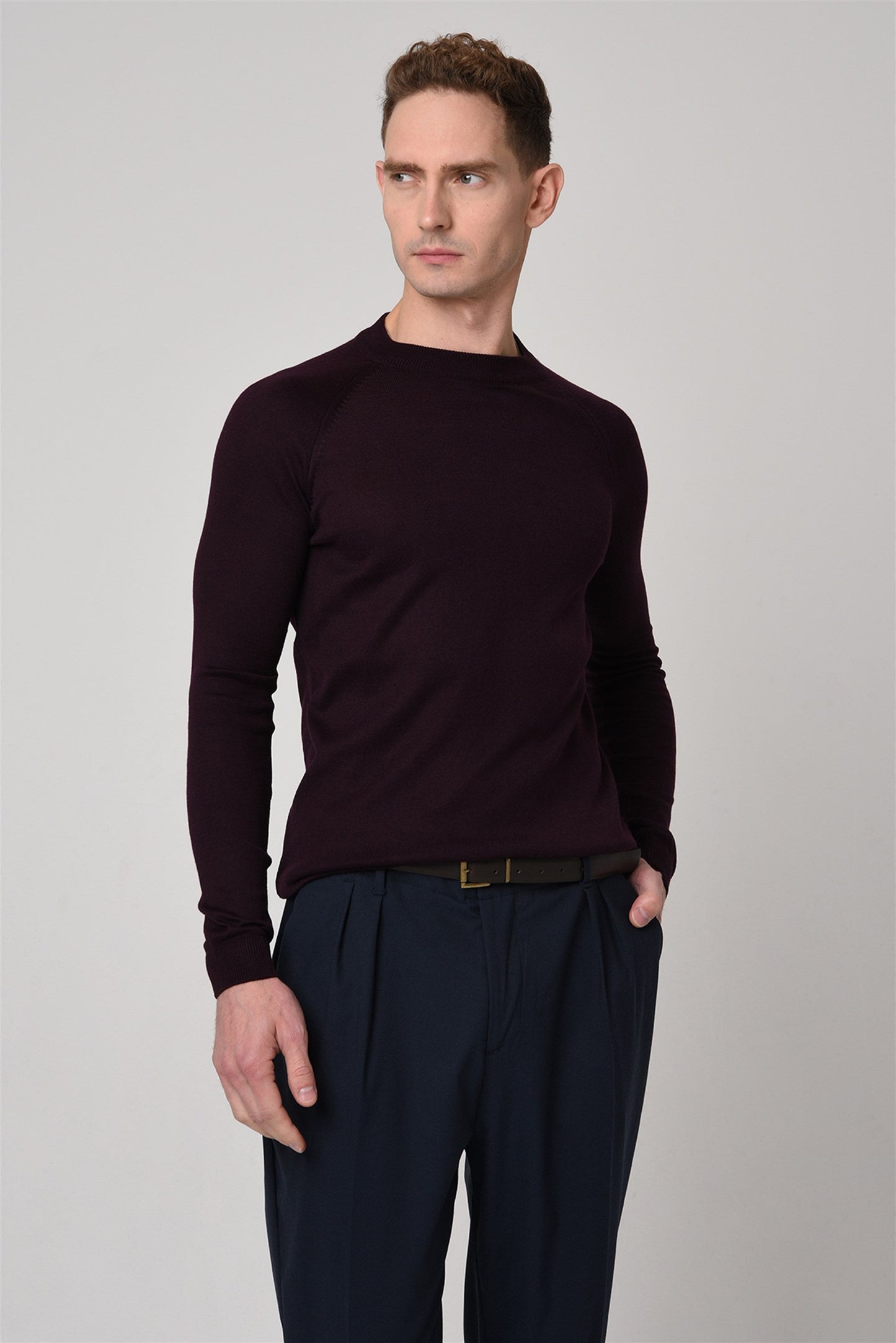 KOALA SYDNEY Men's Dark Damson Crew Neck Slim Fit Knitwear Sweater