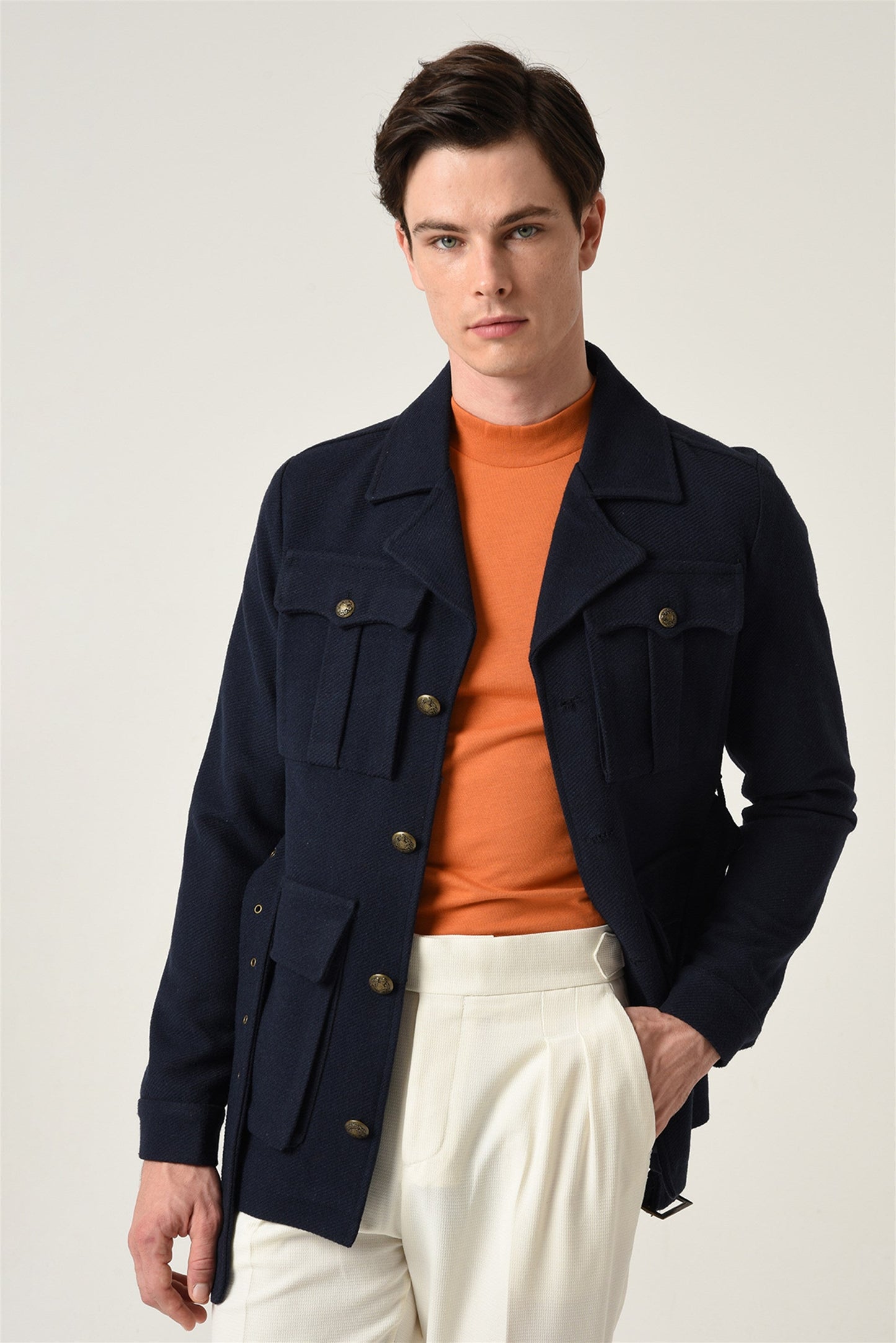 Men's Navy Blue Camp Collar Belt Detailed Seasonal Coat