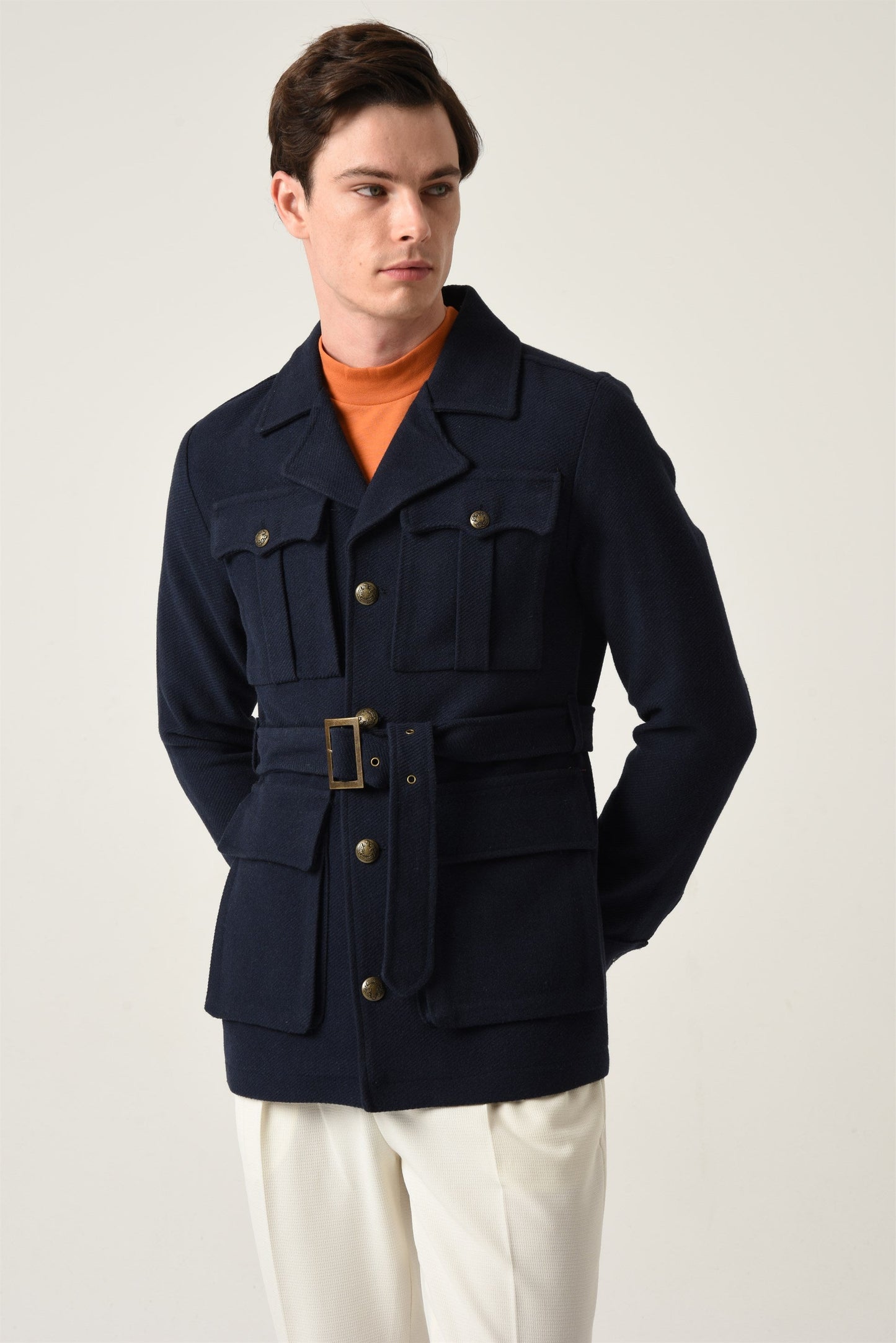 Men's Navy Blue Camp Collar Belt Detailed Seasonal Coat