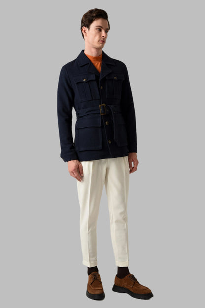 Men's Navy Blue Camp Collar Belt Detailed Seasonal Coat