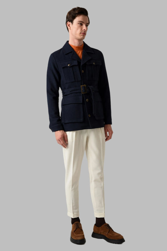 Men's Navy Blue Camp Collar Belt Detailed Seasonal Coat