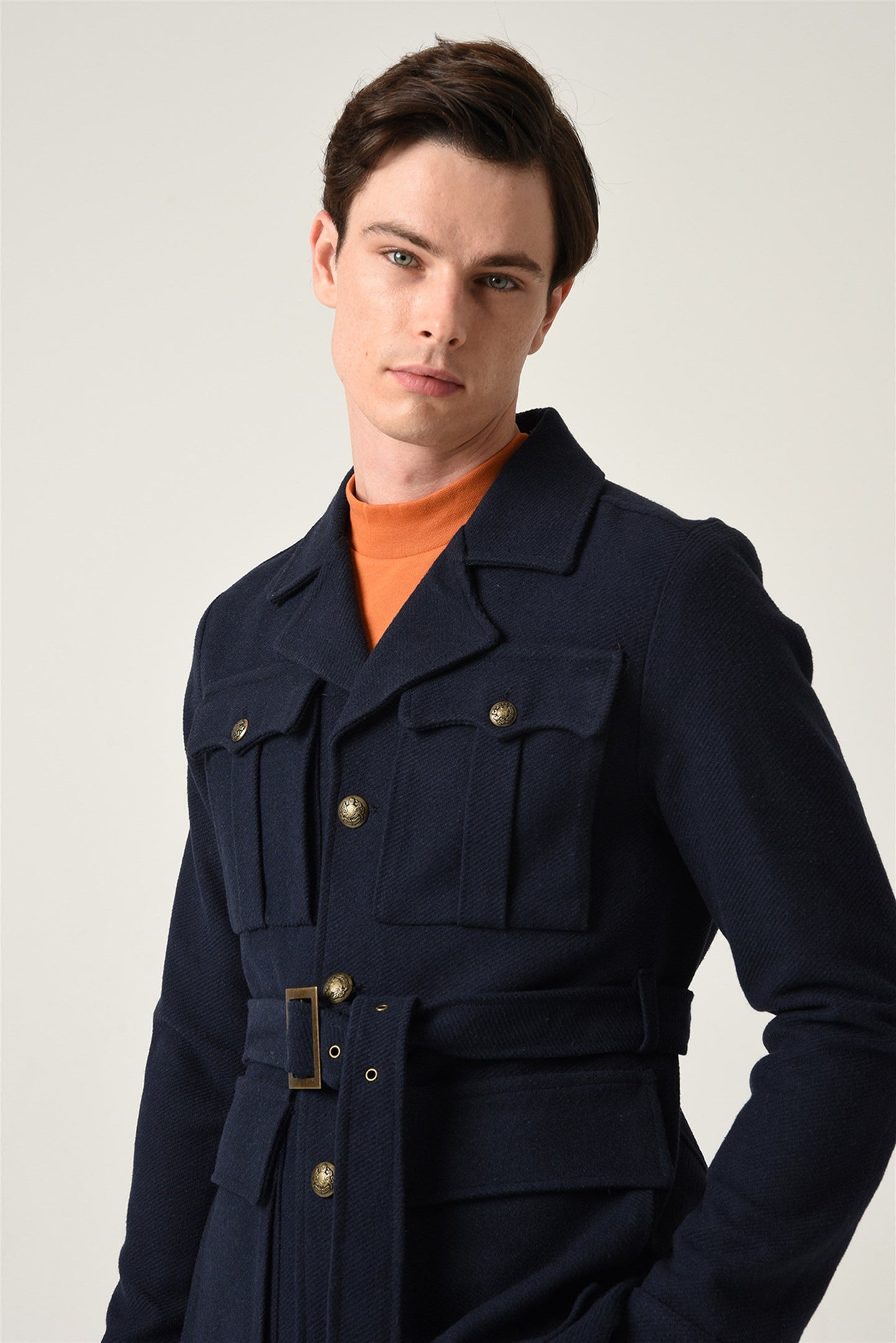 Men's Navy Blue Camp Collar Belt Detailed Seasonal Coat