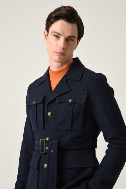 Men's Navy Blue Camp Collar Belt Detailed Seasonal Coat