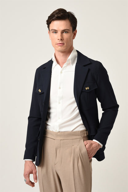 KOALA SYDNEY Men's Navy Blue Jacket Collar Belted Seasonal Coat