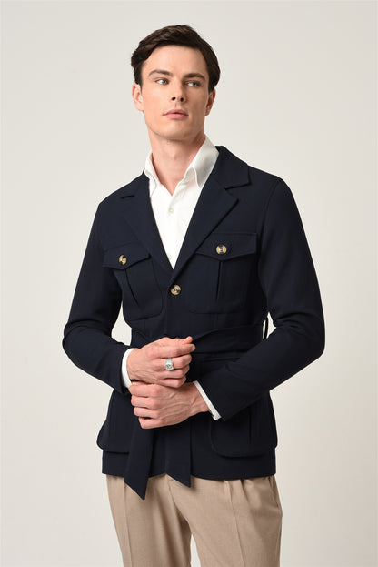 KOALA SYDNEY Men's Navy Blue Jacket Collar Belted Seasonal Coat
