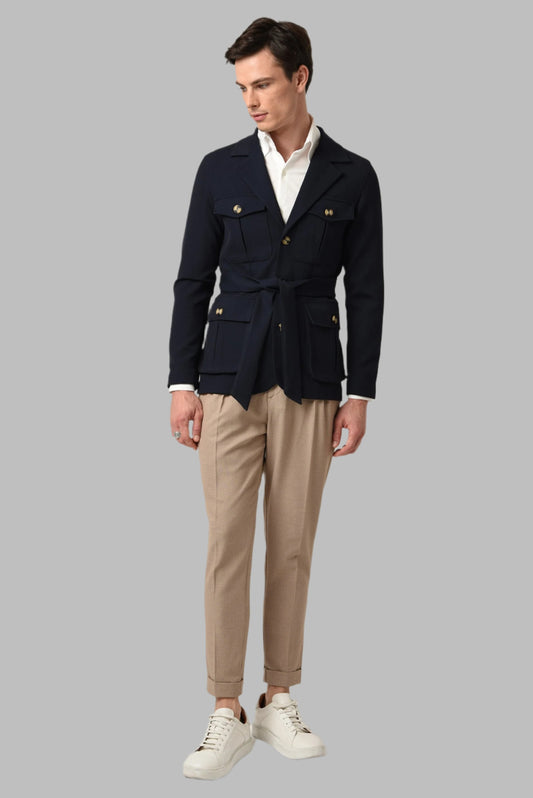 KOALA SYDNEY Men's Navy Blue Jacket Collar Belted Seasonal Coat