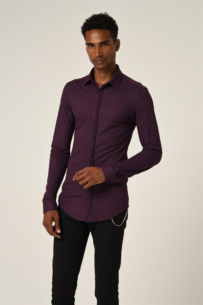 Men's Damson Hidden Button Long Sleeve Slim Fit Knitwear Shirt