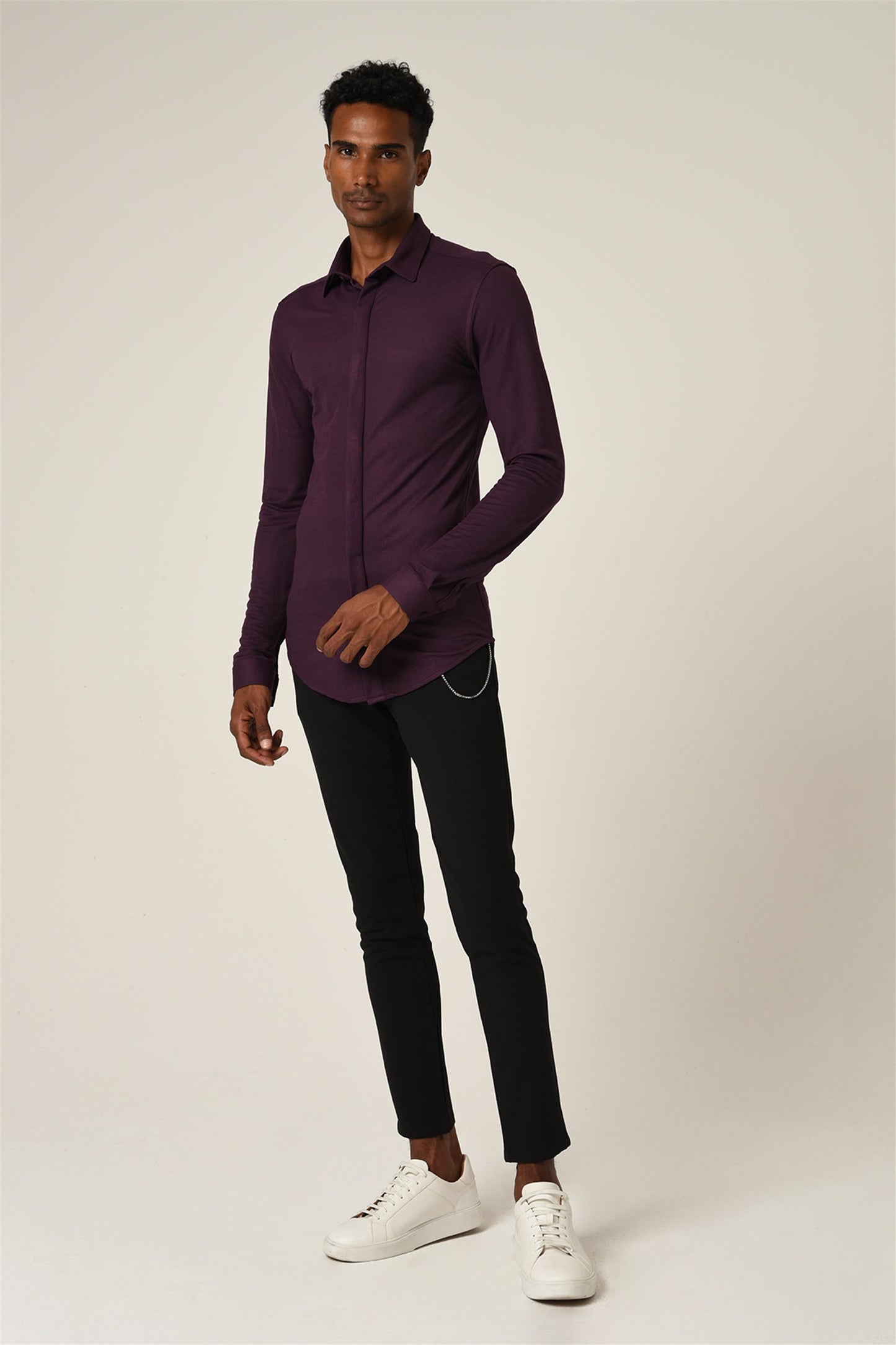 Men's Damson Hidden Button Long Sleeve Slim Fit Knitwear Shirt