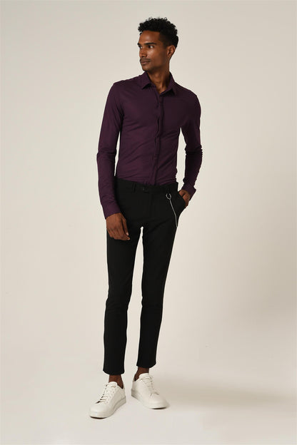 Men's Damson Hidden Button Long Sleeve Slim Fit Knitwear Shirt