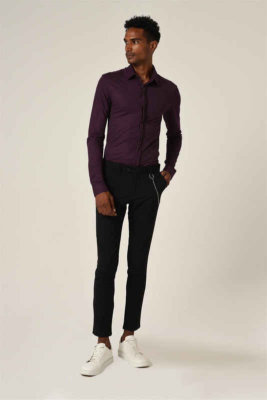 Men's Damson Hidden Button Long Sleeve Slim Fit Knitwear Shirt -