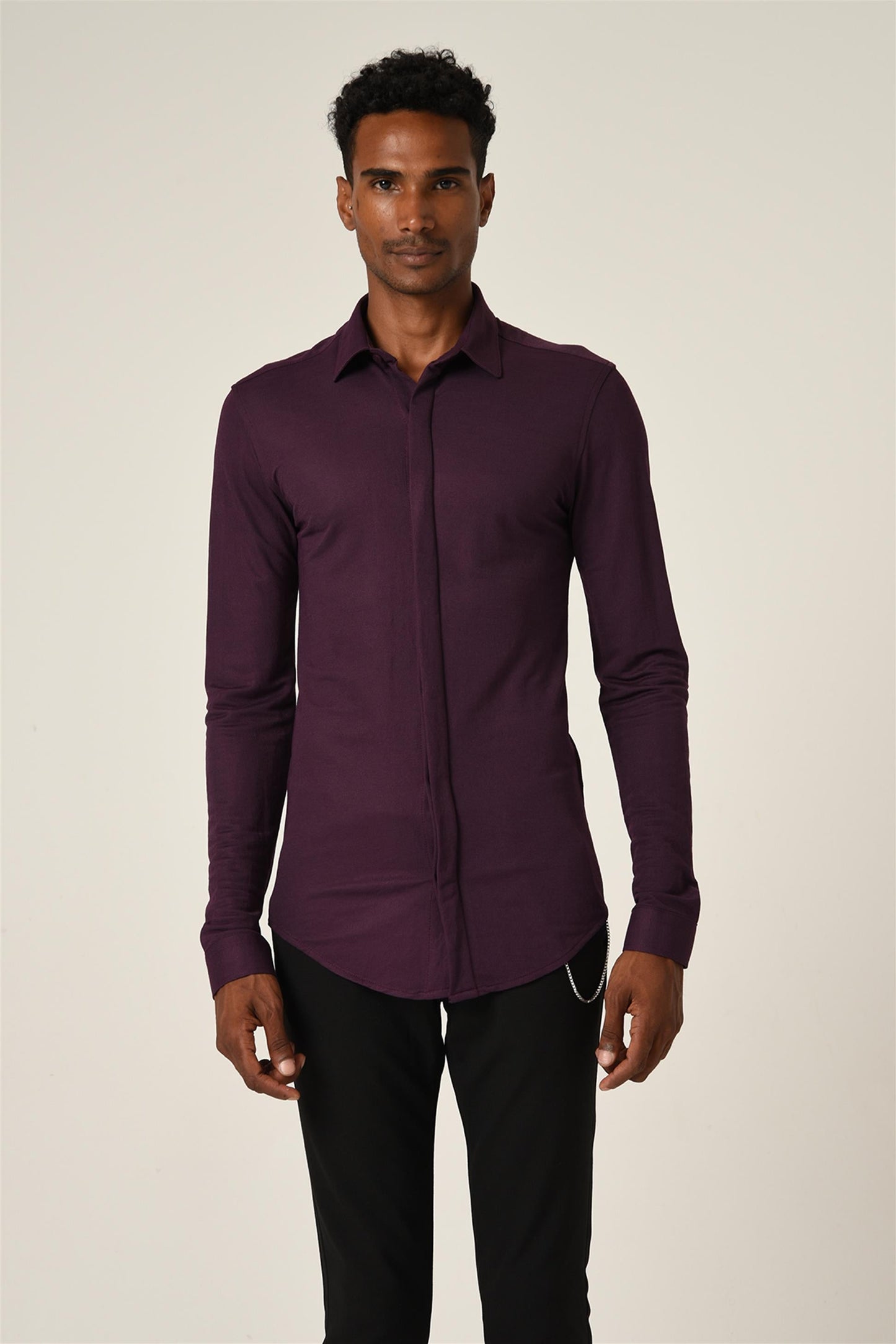 Men's Damson Hidden Button Long Sleeve Slim Fit Knitwear Shirt