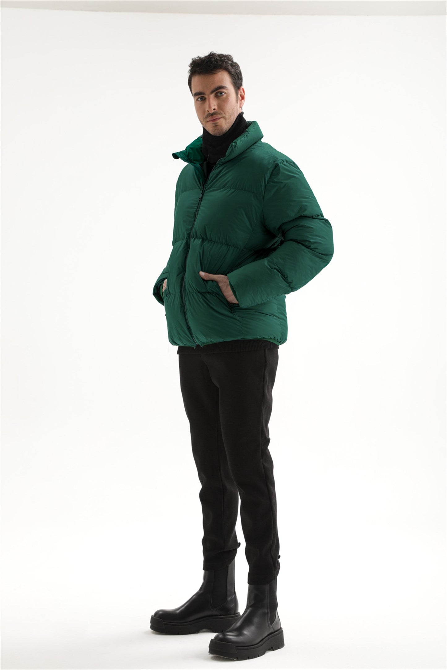 Men's Green Vertical Collar Rubber Inflatable Coat