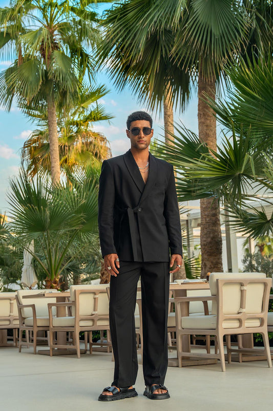 Black Double-Breasted Belted Men's Blazer