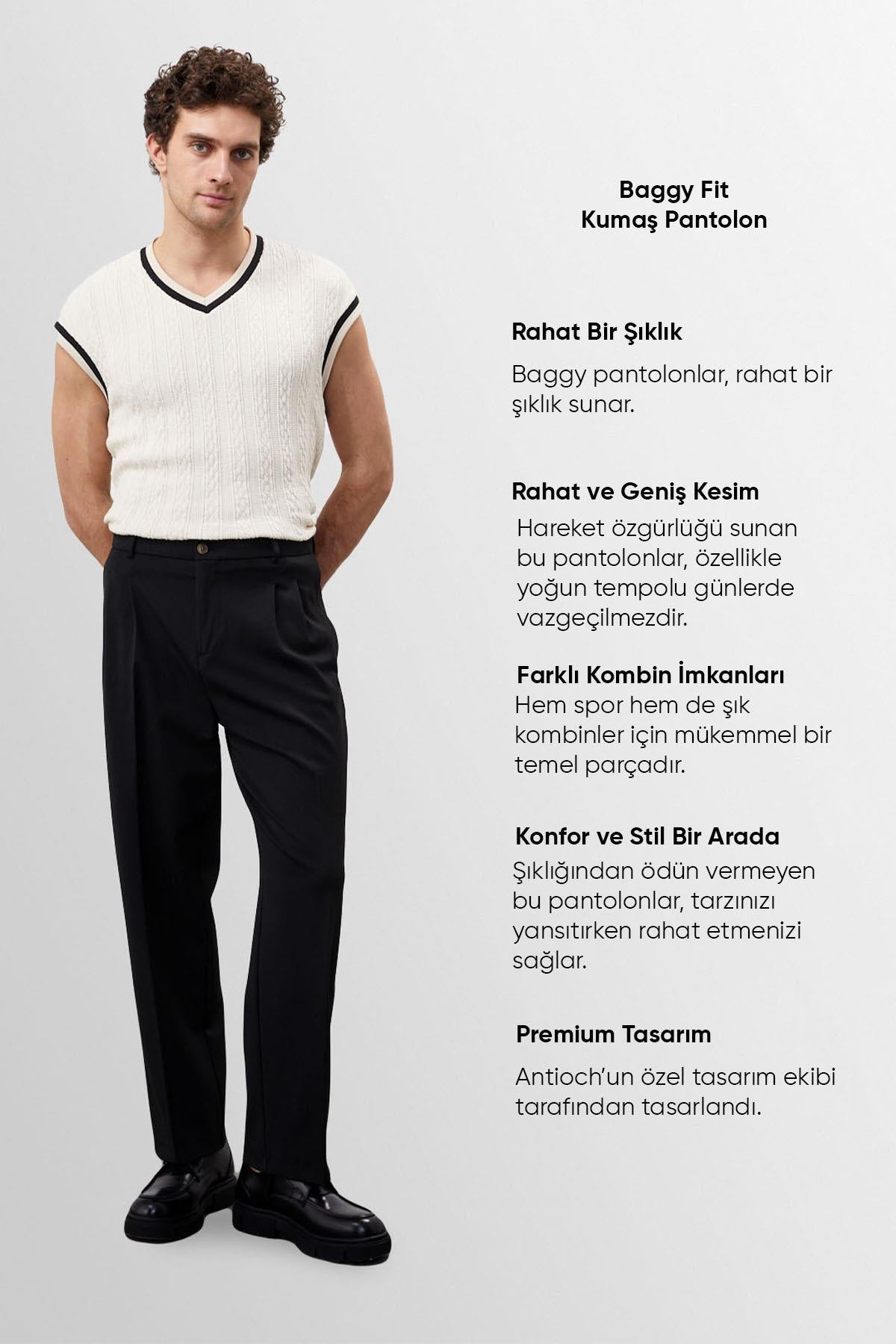 Men's Black High Waist Pleated Comfortable Fit Trousers