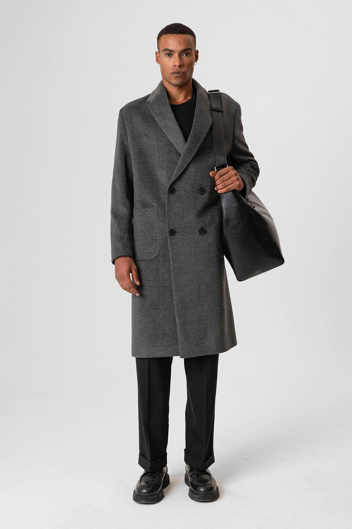 Anthracite Textured Double-Breasted Men's Coat
