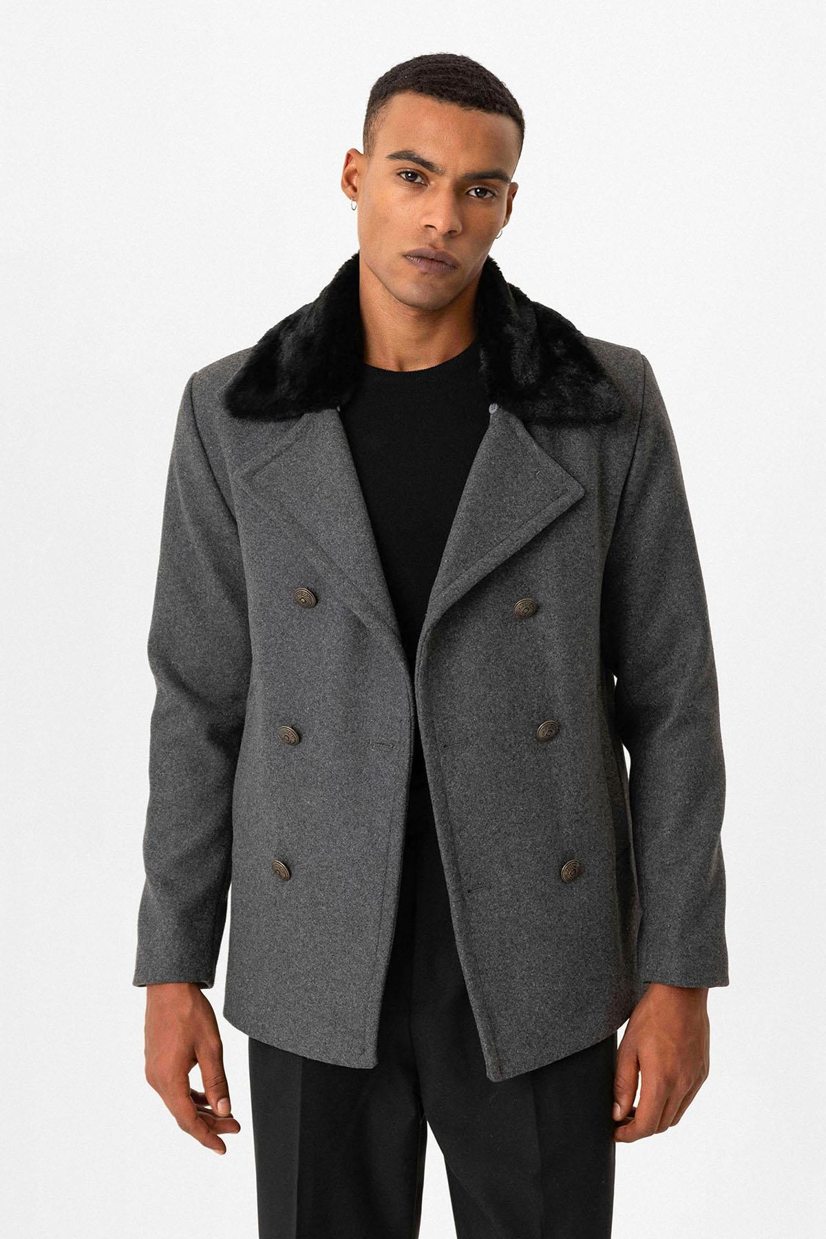 Anthracite Fur Collar Double-Breasted Men's Coat
