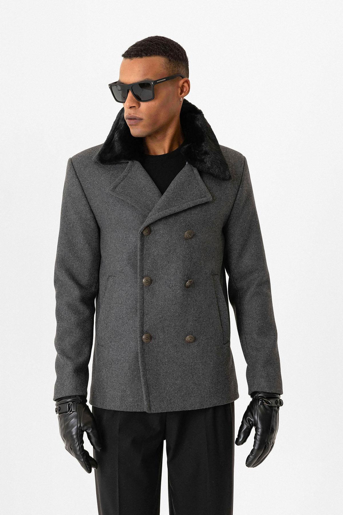Anthracite Fur Collar Double-Breasted Men's Coat
