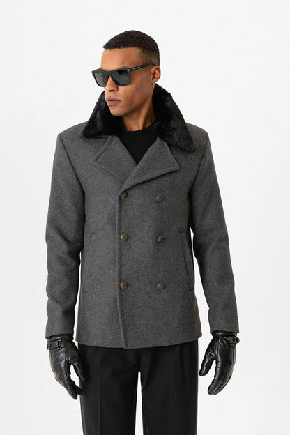 Anthracite Fur Collar Double-Breasted Men's Coat