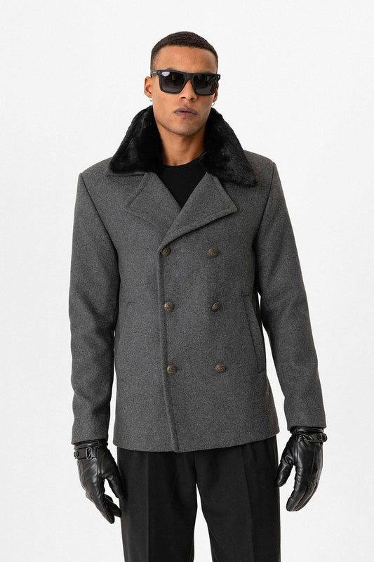 Anthracite Fur Collar Double-Breasted Men's Coat