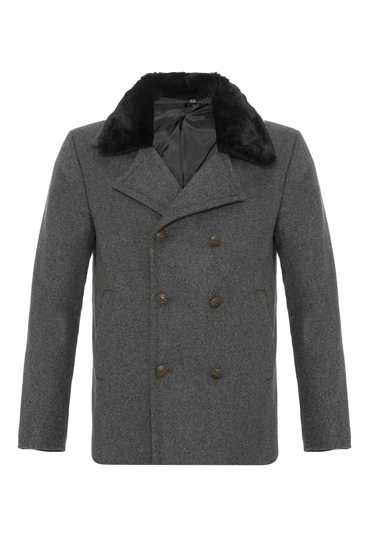 Anthracite Fur Collar Double-Breasted Men's Coat
