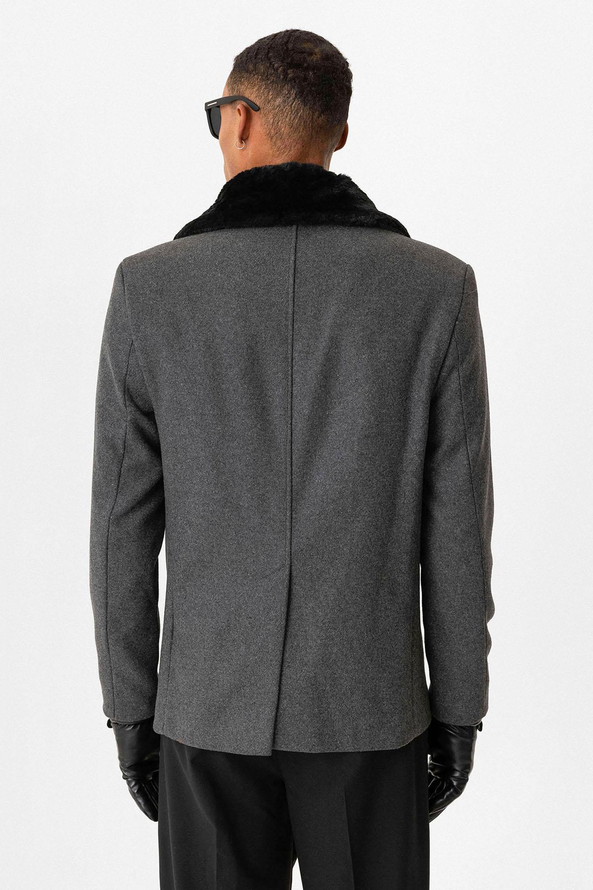 Anthracite Fur Collar Double-Breasted Men's Coat