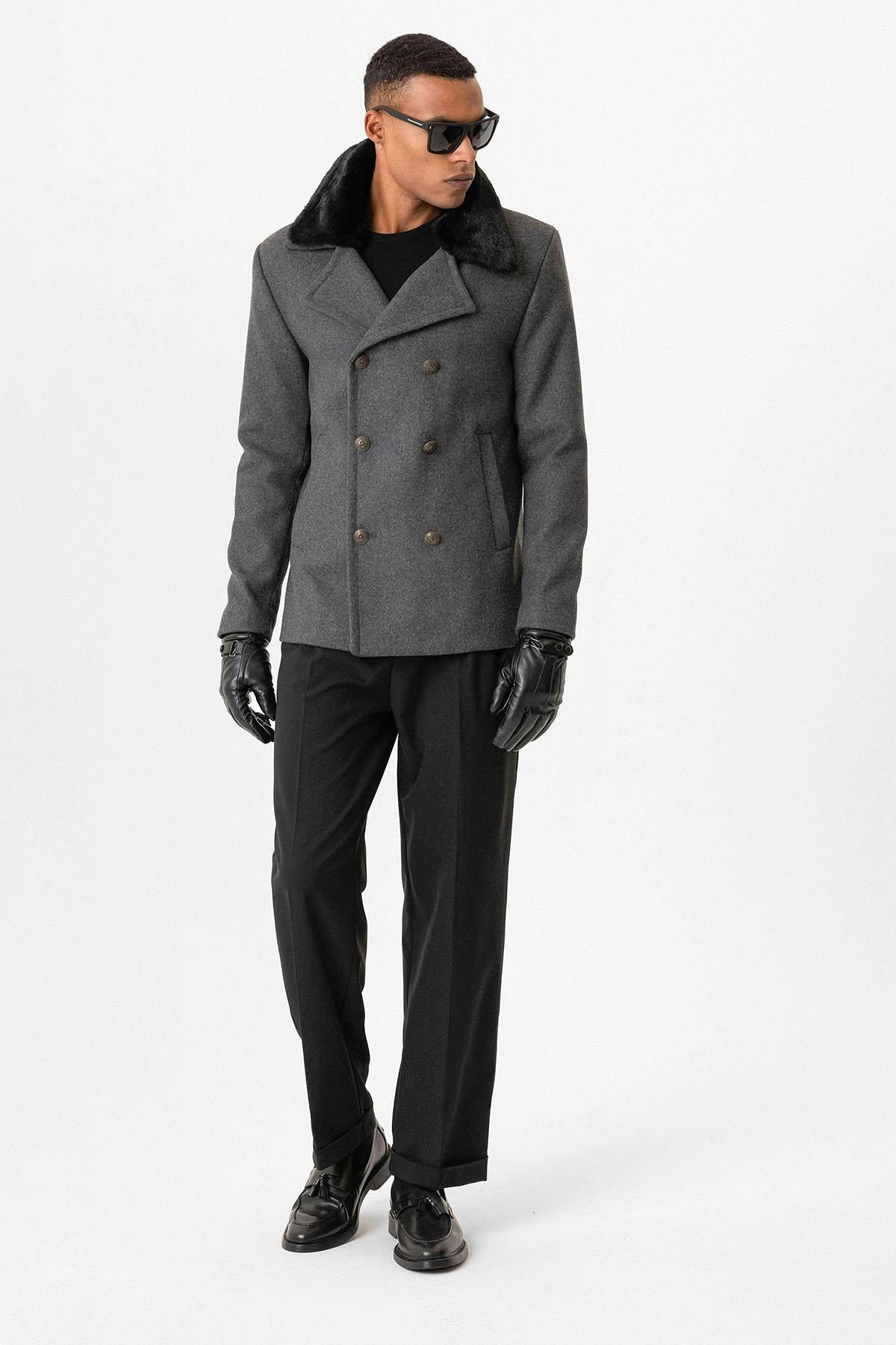 Anthracite Fur Collar Double-Breasted Men's Coat