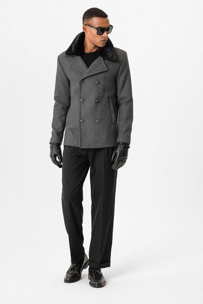 Anthracite Fur Collar Double-Breasted Men's Coat