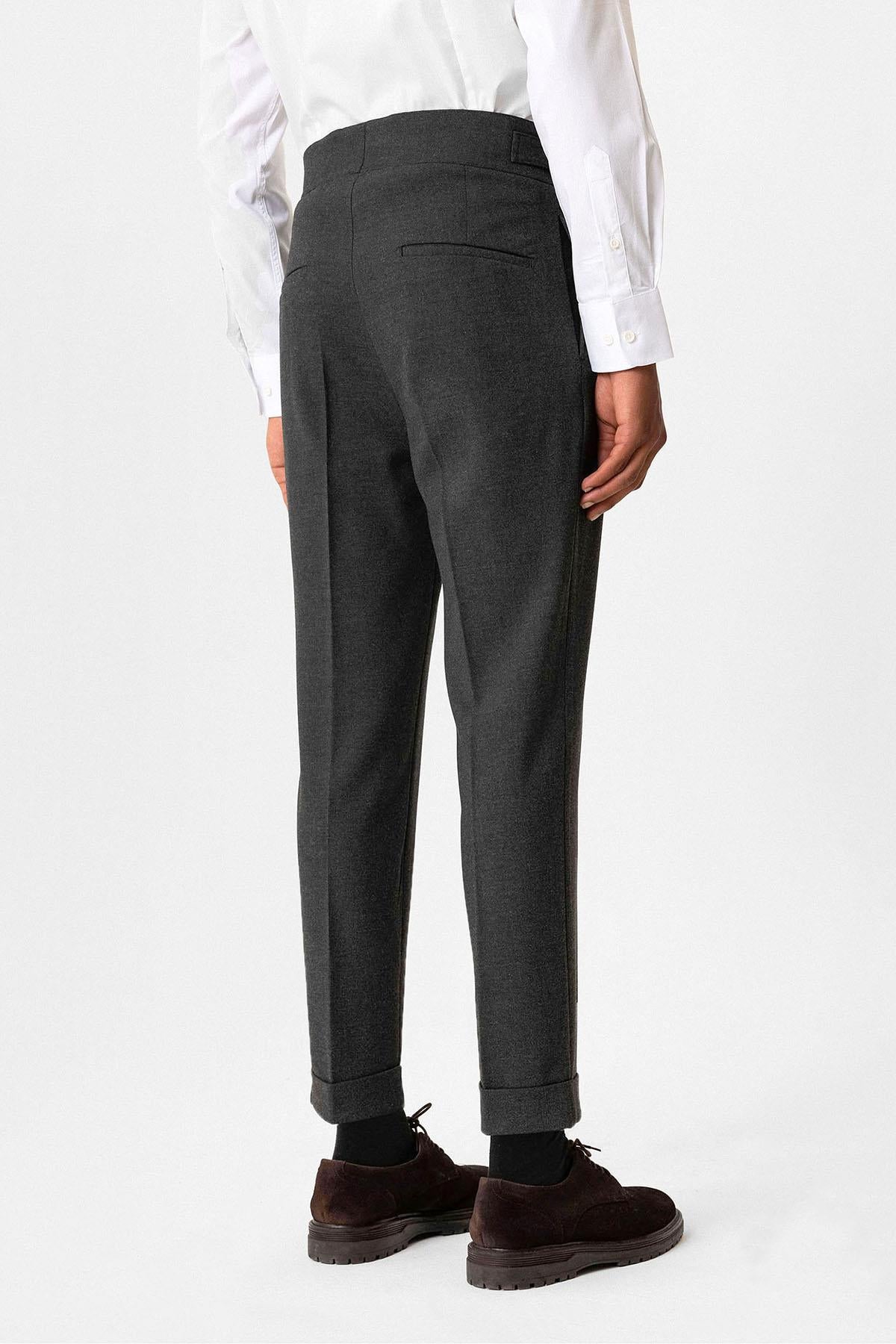 Anthracite Pleated Men's Trousers with Buckle Detail