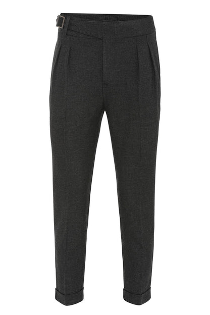 Anthracite Pleated Men's Trousers with Buckle Detail