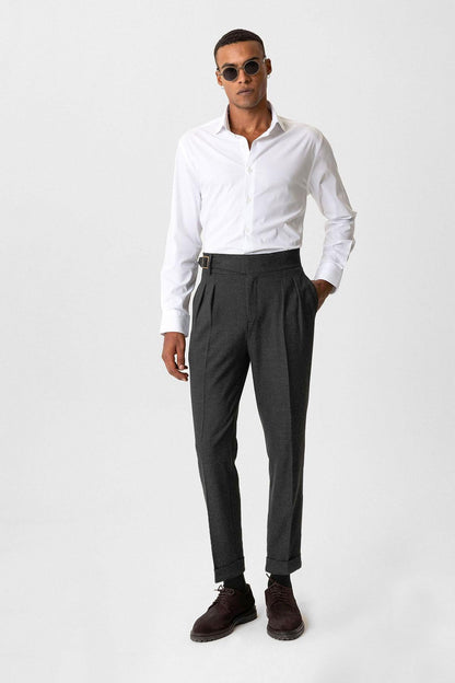 Anthracite Pleated Men's Trousers with Buckle Detail