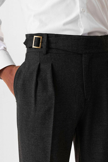 Anthracite Pleated Men's Trousers with Buckle Detail