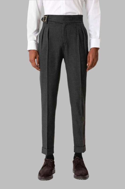 Anthracite Pleated Men's Trousers with Buckle Detail