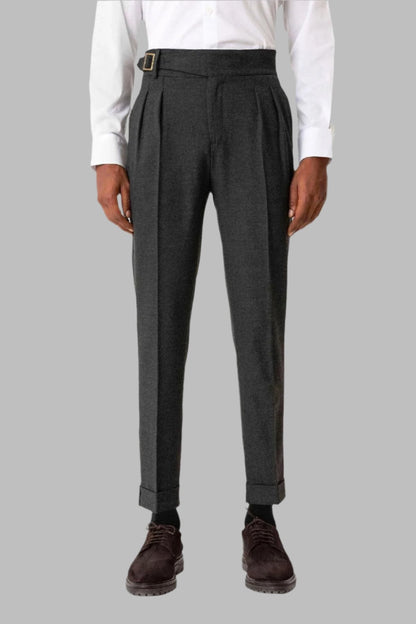 Anthracite Pleated Men's Trousers with Buckle Detail