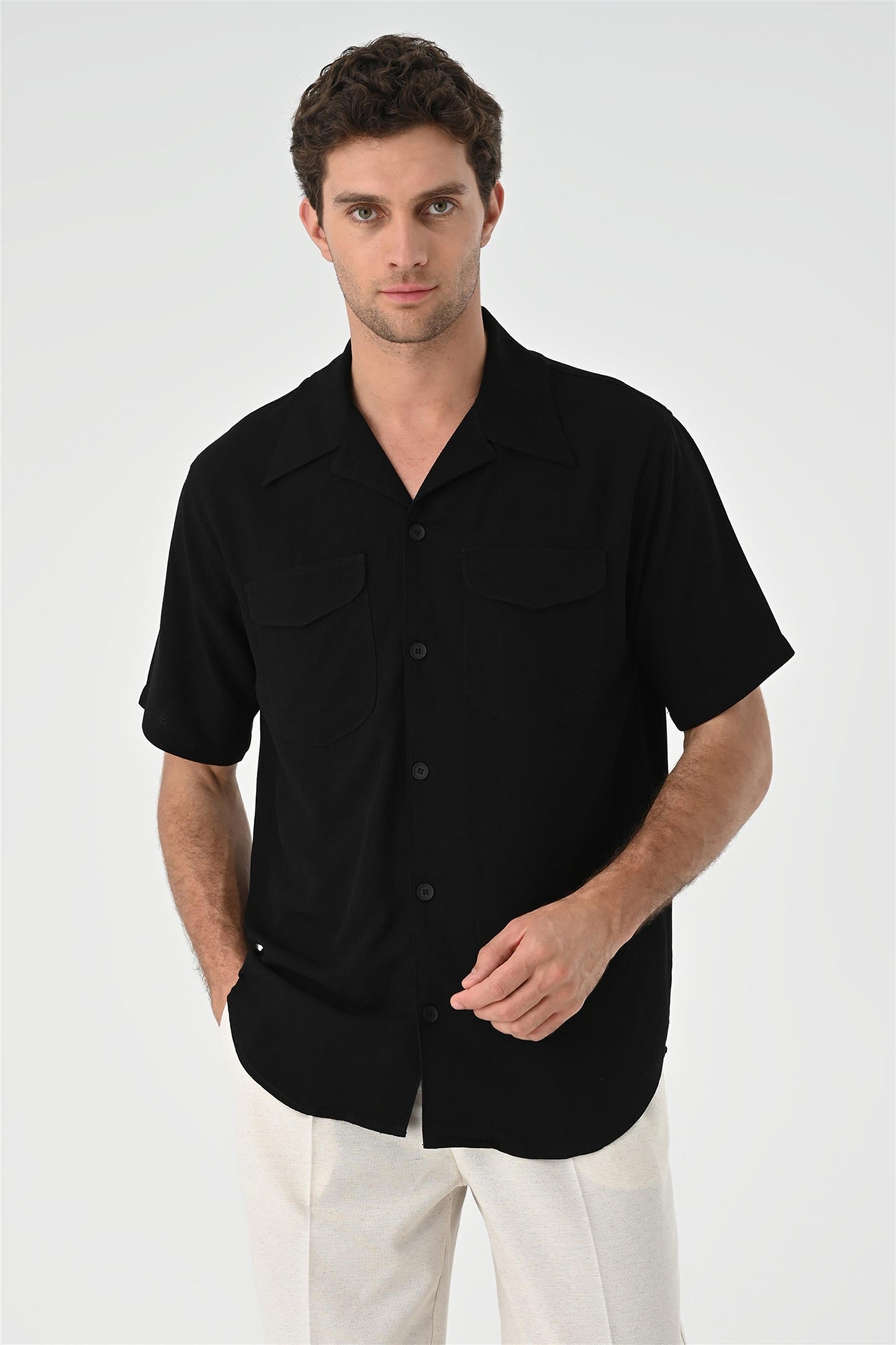 Men's Black Camp Collar Pocket Detailed Shirt