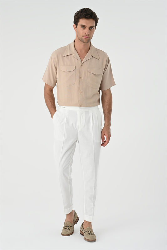 Men's Beige Camp Collar Pocket Detailed Shirt