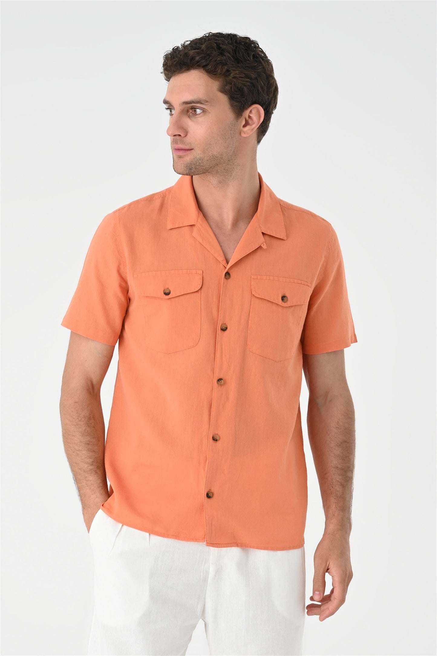 Men's Orange Camp Collar Pocket Detailed Shirt