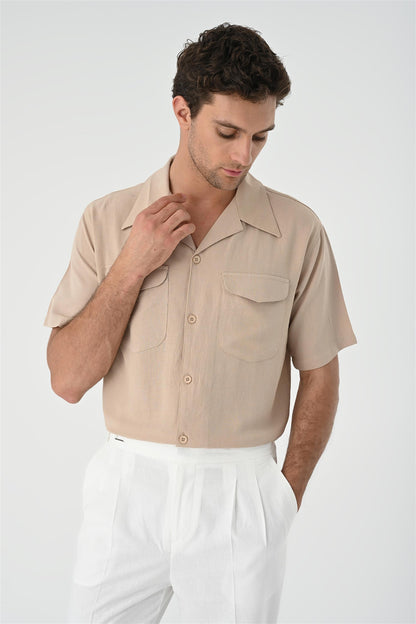Men's Beige Camp Collar Pocket Detailed Shirt