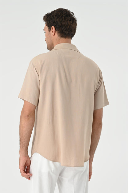 Men's Beige Camp Collar Pocket Detailed Shirt