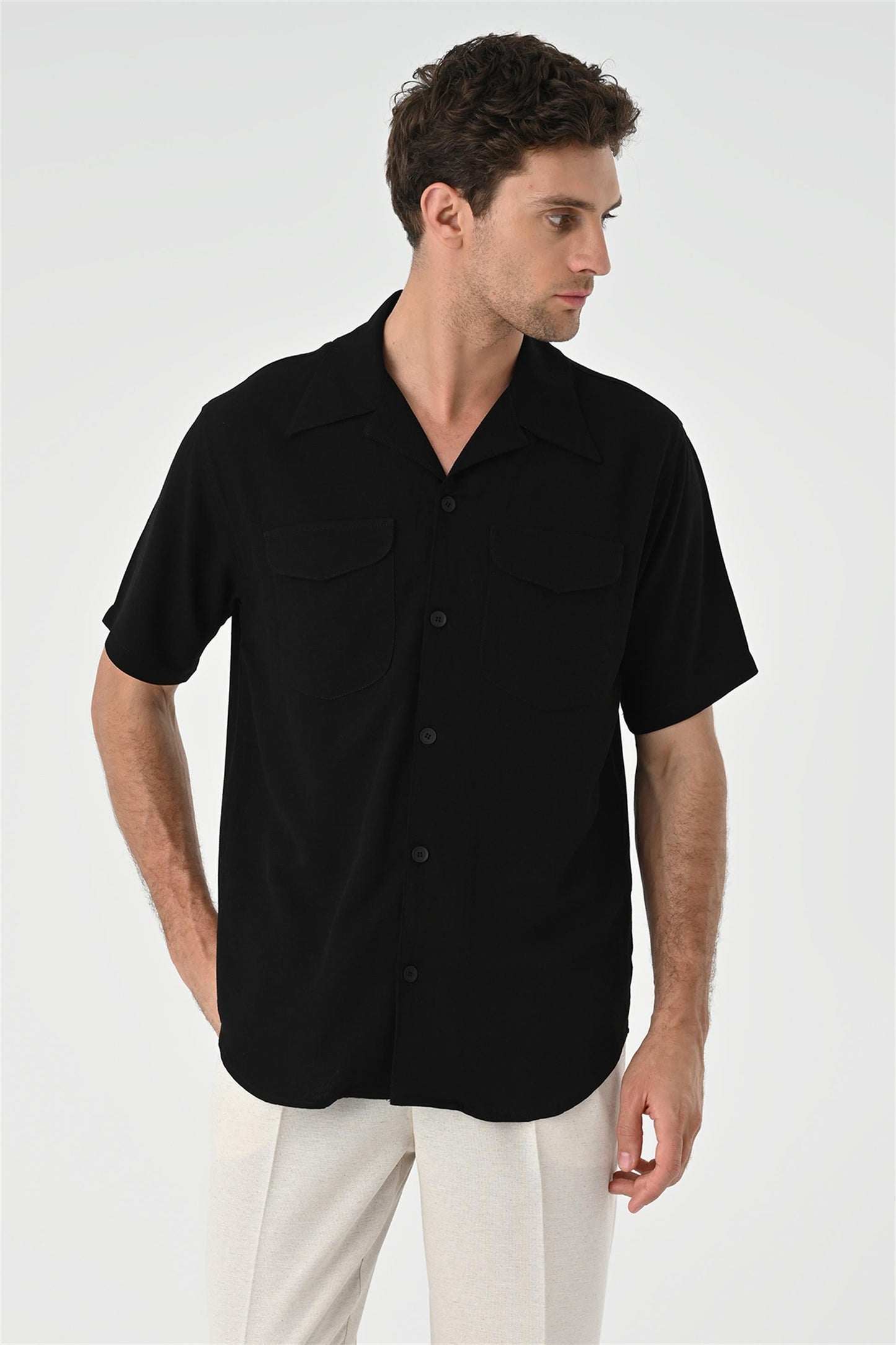 Men's Black Camp Collar Pocket Detailed Shirt