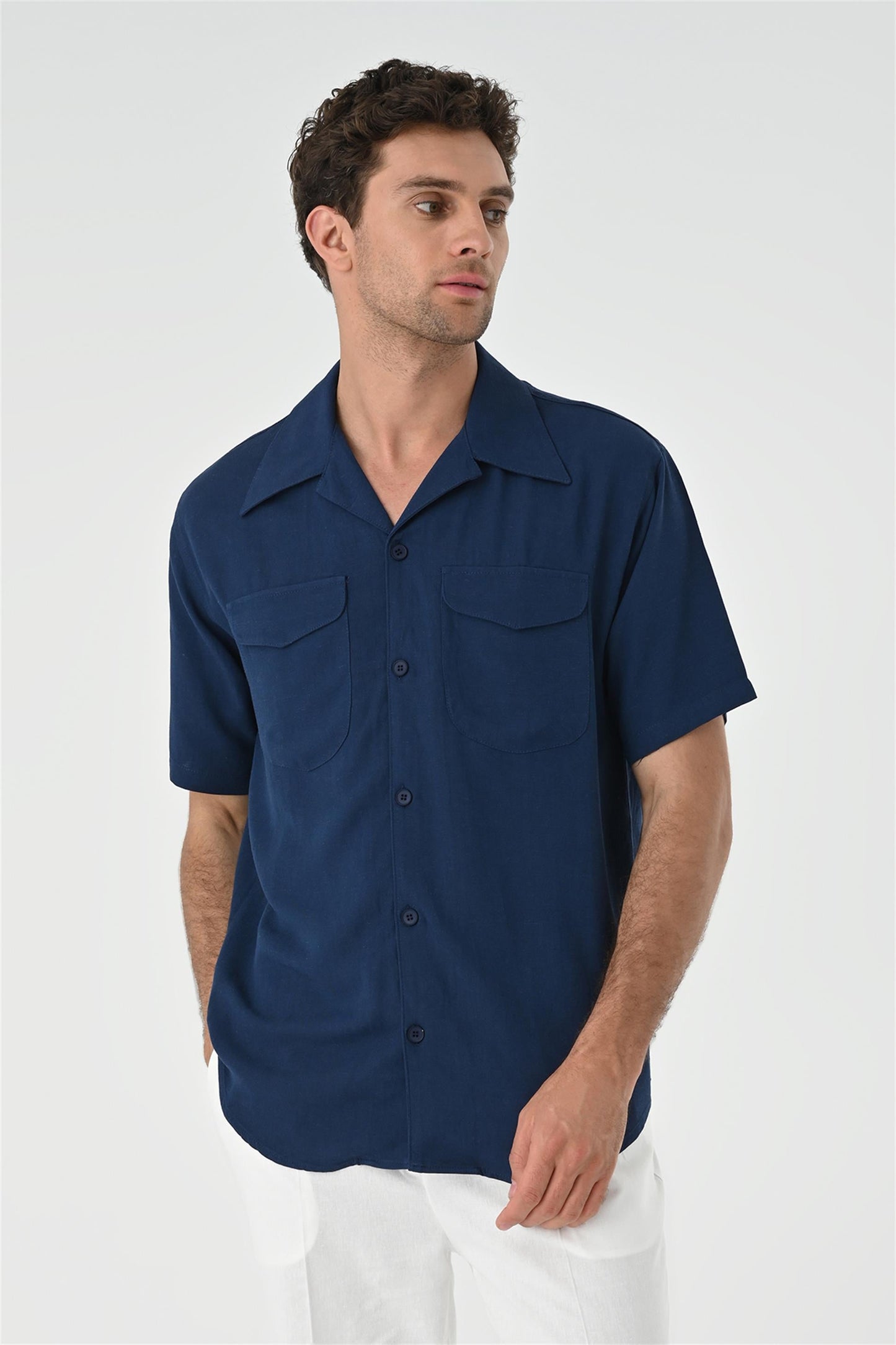 Men's Navy Blue Camp Collar Pocket Detailed Shirt