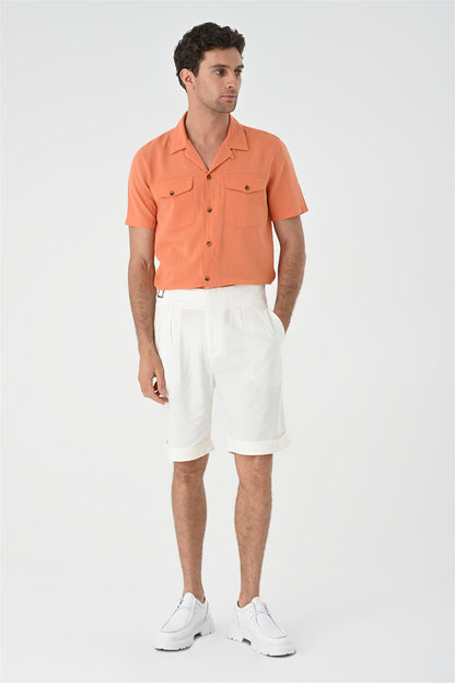 Men's Orange Camp Collar Pocket Detailed Shirt