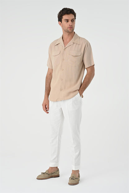 Men's Beige Camp Collar Pocket Detailed Shirt