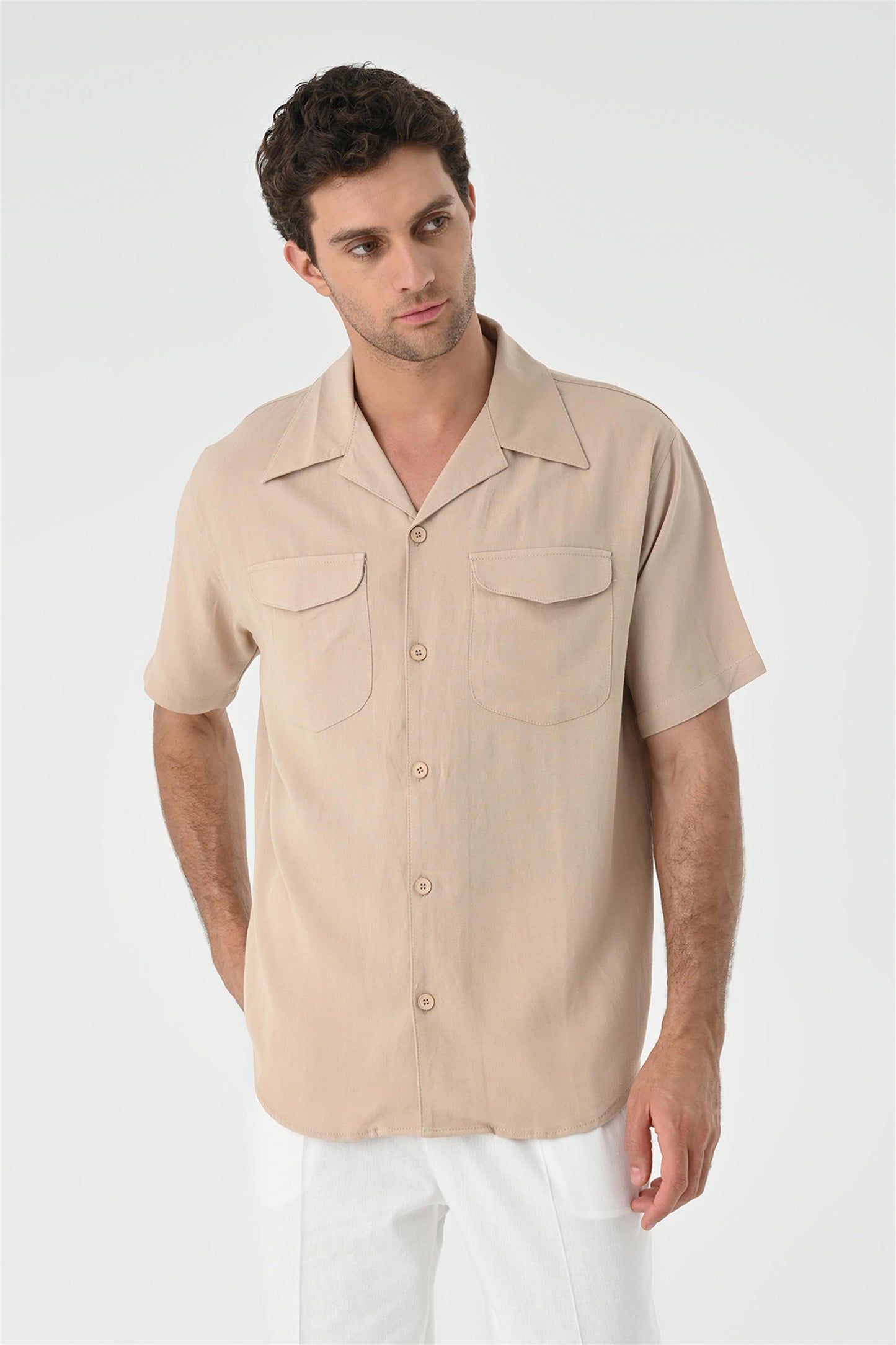 Men's Beige Camp Collar Pocket Detailed Shirt