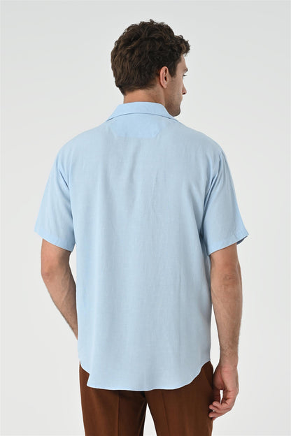Men's Blue Camp Collar Pocket Detailed Shirt