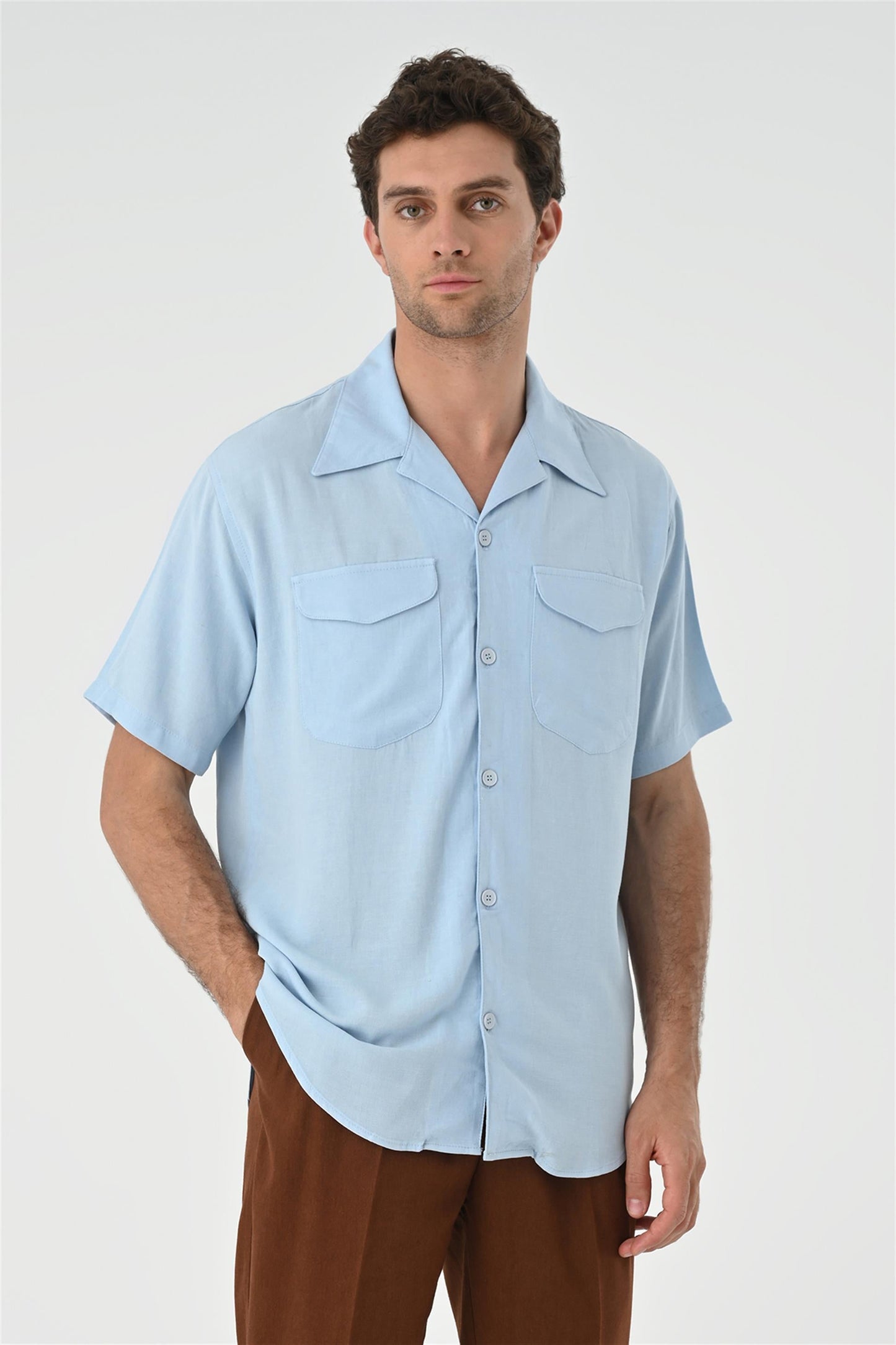 Men's Blue Camp Collar Pocket Detailed Shirt